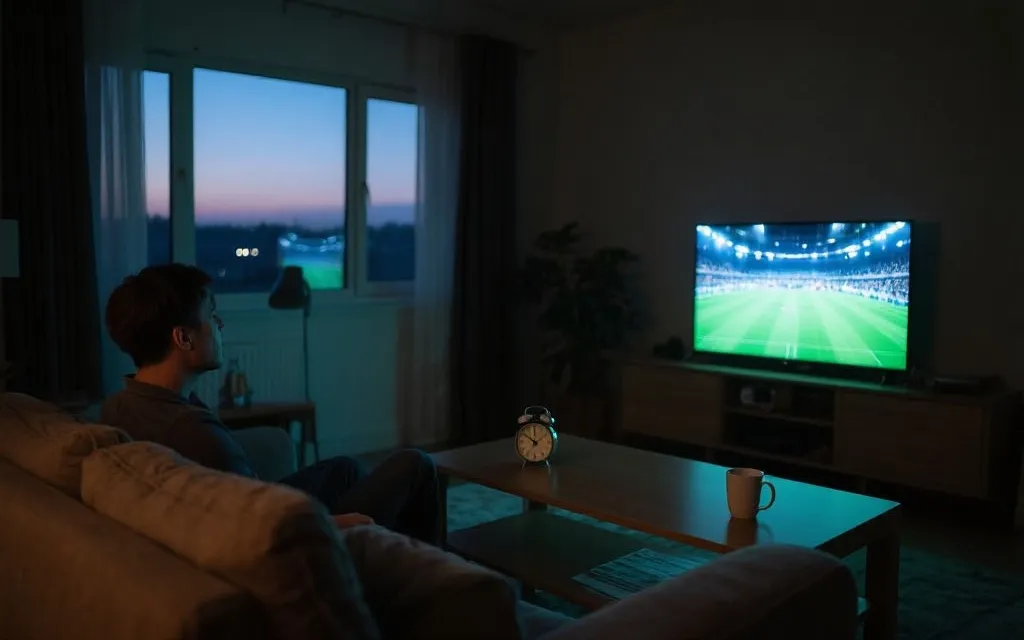 球迷在凌晨客厅观赛，闹钟、热饮与城市时区信息的视觉构图